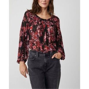 Free People Red and Black Sheer Floral Open Back Tassel Long Sleeve Blouse
